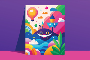 Poster - Colorful vector illustration of a whimsical landscape featuring cartoon mountains, water, and sky under a lightbulb at daytime