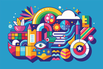 Aufkleber - Bright vector illustration of abstract colorful geometric shapes and objects in a whimsical composition, great for decoration and modern designs