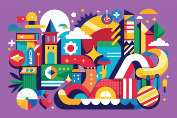 Aufkleber - Bright vector illustration of abstract colorful geometric shapes and objects in a whimsical composition, great for decoration and modern designs