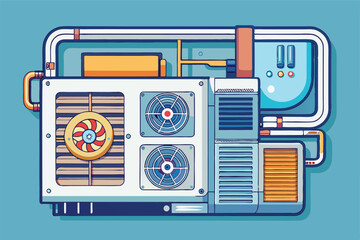 Leinwandbilder - Isometric illustration of a complex machine with pipes, wires, fan, and control panel, showcasing advanced technology and engineering