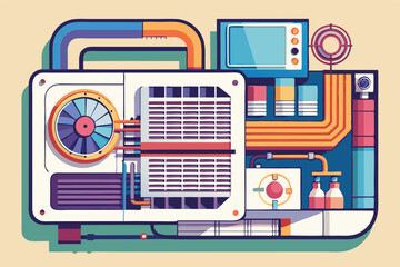 Leinwandbilder - Isometric illustration of a complex machine with pipes, wires, fan, and control panel, showcasing advanced technology and engineering