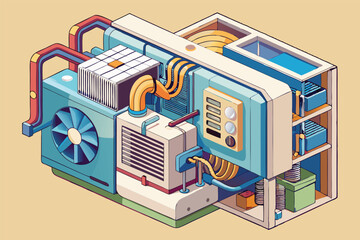 Leinwandbilder - Isometric illustration of a complex machine with pipes, wires, fan, and control panel, showcasing advanced technology and engineering