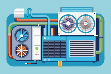 Leinwandbilder - Isometric illustration of a complex machine with pipes, wires, fan, and control panel, showcasing advanced technology and engineering