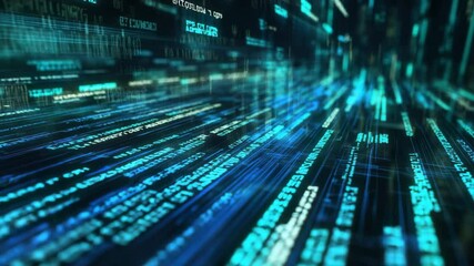 Aufkleber - A dynamic video abstract background featuring glowing blue and green programming code flowing across a dark digital surface.