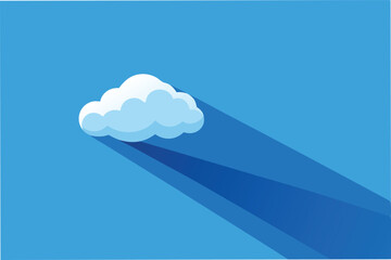 Poster - One fluffy white cloud hovers against a solid blue backdrop, casting a long shadow on a sunny day, rendered in a flat, minimalist vector style