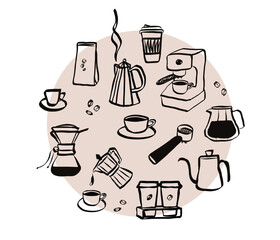 Aufkleber - Coffee set in hand drawn doodle style. Retro whimsical icons for cafeteria menu and business breakfast invitation. Trendy and cute art for social media. La dolce vita vector illustration