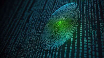 fingerprint with binary code the fingerprint glows with blue green light over lines of binary code i