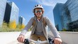 © Premium_art - Smiling man cycling through city, wearing helmet and sunglasses.
