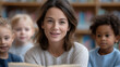 © Наталія Євтехова - A librarian reads to children in a school library reading circle