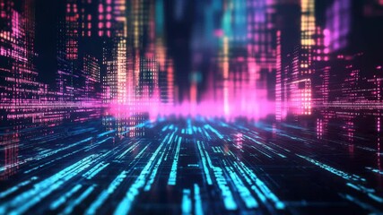 Aufkleber - A retro-futuristic video background featuring neon programming code on a dark digital grid. The nostalgic 80s-inspired aesthetic blends vintage and modern technology