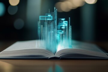  Open book with digital code emerging in virtual library concept for technology and knowledge fusion