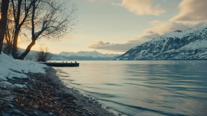 Wall Mural - Winter sunset over a serene lake, snowy shore.  Bare trees line the tranquil waterfront, a wooden pier stretches out over the glassy water.  Mountains rise in the background