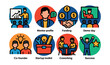 © Olha - Flat vector icons of startup incubator visuals in circular style: pitch room, mentor profile, funding round, demo day icon, co-founder icon, startup toolkit, coworking hub, success story.