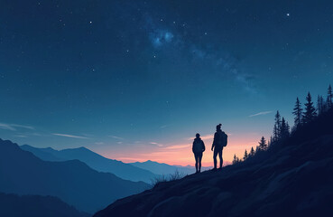 Wall Mural - Two hikers silhouette on hill under bright starry night sky. Man woman enjoy night view landscape, Milky Way galaxy. Couple travelers, friends in nature looking at cosmos, stars, galaxy, nebula,