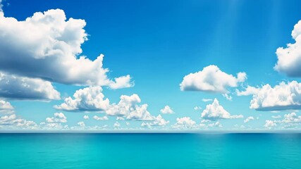 Wall Mural - Ocean Horizon: A vast expanse of cerulean water seamlessly merges with a vivid sky dotted with fluffy, cumulus clouds, creating a sense of serenity and boundless freedom.