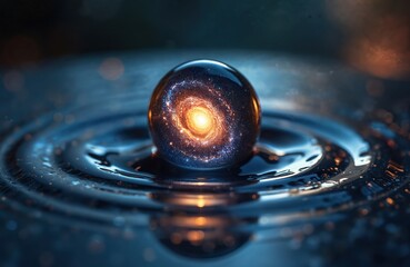 Wall Mural - Mesmerizing cosmic scene galaxy reflected in water droplet. Swirling galaxy creates stellar cosmic effect. Universe, light, blue, dark, space, abstract, beauty, creative phenomena. Perfect for art