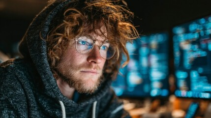 Concentrated Programmer Working Late at Night on Computer Screens