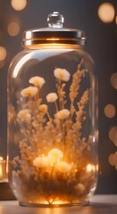 Wall Mural - decorative glass jar with illuminated dried flowers creating a warm ambiance in a cozy setting 4k ve