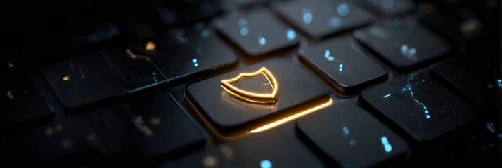 Poster - Antivirus Shield Pulsates to Deflect Phishing Attack on a Computer Keyboard During Online Browsing