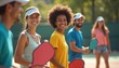 © Vadym - Group of friends playing pickleball, smiling looking at camera. Multiracial people enjoy outdoor activity, healthy lifestyle. Happy people, summer day, recreation, fun.