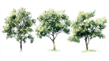 Watercolor painting of three lush, green trees isolated on white background.