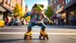 © LIKHA by JM - Groovy Frog on Wheels: A Funky Emoji Frog in a Tie-Dye Hoodie and Rollerblades Skates Through a Colorful Cartoon City, Radiating Playful Energy and Street Style Cool