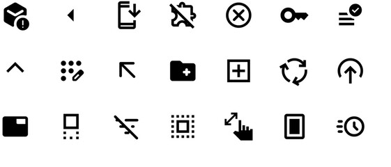 Black vector icons set for mobile and web design featuring windows, documents, arrows, and close/split symbols on white background.