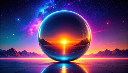 Wall Mural - pixelated sphere reflecting colorful sunrise over mountains