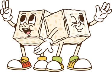 Poster - Cartoon groovy sugar cubes characters. Two pieces of brown sugar funny vintage personages. Dessert cooking, confectionery culinary ingredients funny character, sugar cubes groovy vector mascots
