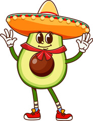 Leinwandbilder - Cartoon groovy avocado character in sombrero with funny face, vector vegetable personage. Retro cartoon groovy avocado in Mexican sombrero hat and happy smile for fiesta party or vegetable emoji