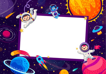 Wall Mural - Birthday photo frame with space astronauts cartoon characters. Galaxy stars sky vector background with rocket and UFO spaceships, astronaut and alien personages. Space birthday party photo frame
