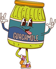 Poster - Cartoon groovy guacamole sauce character. Tex mex restaurant avocado sauce glass bottle happy mascot, comical funky vector character. Mexican cuisine chips guacamole dip isolated cheerful personage
