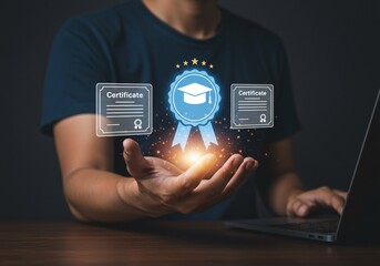 Man holding digital certificate icon with graduation cap, symbolizing online learning achievement. Concept of e-learning, remote education, and professional certification system.
