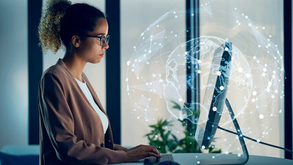 Fototapete - Concept visual of global network with black woman working in the office