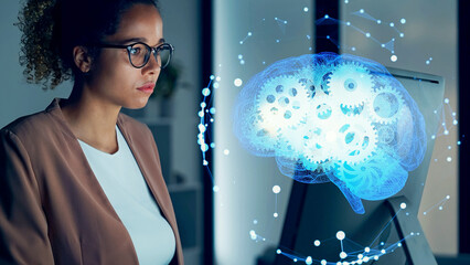 Fototapete - Conceptual visual of a black woman working in an office and artificial intelligence