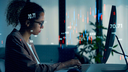 Leinwandbilder - Concept visual of financial technology with black woman working in the office