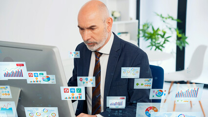 Leinwandbilder - Conceptual visual of a middle-aged Caucasian man working in an office and electronic documents