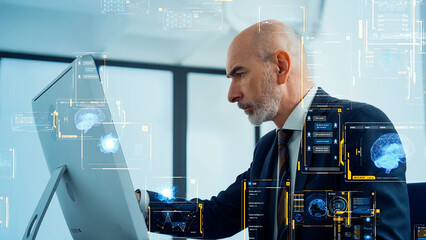 Poster - Conceptual visual of digital data with business people working in office