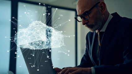 Poster - Conceptual visual of a middle-aged Caucasian man using a computer in an office and cloud computing
