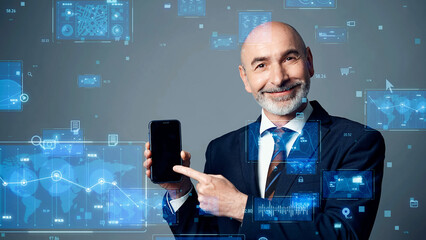 Fototapete - Concept visual of a middle-aged Caucasian man holding a smartphone and digital technology