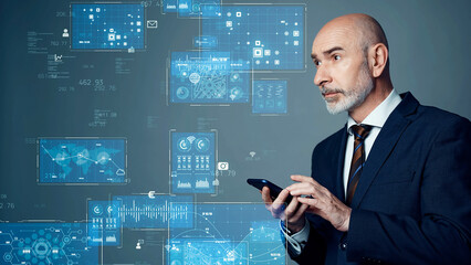 Fototapete - Concept visual of a middle-aged Caucasian man using a smartphone and digital technology