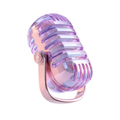 Fototapete - Futuristic glowing crystal like microphone icon with a vibrant pink and purple color scheme rendered in 3D with a reflective transparent finish against a white background