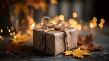 Aufkleber - A beautifully wrapped gift box with natural kraft paper and ribbon surrounded by autumn leaves and a warm serene atmosphere created by glowing lights and a mellow contemplative mood