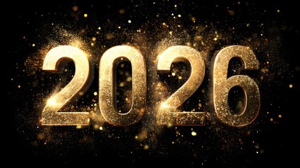 Aufkleber - Elegant and luxurious golden 2026 digits with a premium metallic texture embossed lighting effects and a burst of golden confetti against a dark atmospheric background