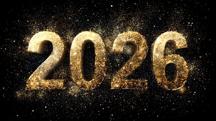 Aufkleber - Shimmering golden digits with a metallic texture and a burst of confetti against a dark royal background ushering in the year 2026 with an air of elegance and