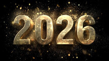 Aufkleber - Elegant and futuristic looking golden 2026 digits with a premium metallic texture embossed lighting and a dazzling burst of golden confetti against a dark royal backdrop