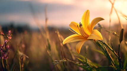 Fototapete - A single vibrant yellow lily stands out amidst the warm glowing light of a sunset field its delicate petals softly focused against a serene natural background