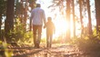 © Dreamera - Padre e hijo caminando juntos de espaldas por un sendero boscoso al atardecer, rodeados de árboles altos y luz cálida filtrándose entre las ramas, ambos vestidos informalmente