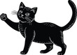 © Kafi - Playful Black Cat Silhouette with Raised Paw in Engraved Vintage Style