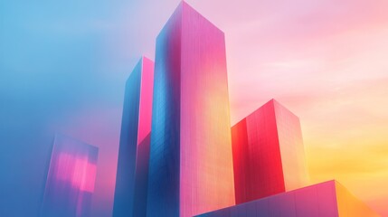 Wall Mural - abstract architecture, vibrant colors, sunrise sky, digital art, use in design, posters, background 
